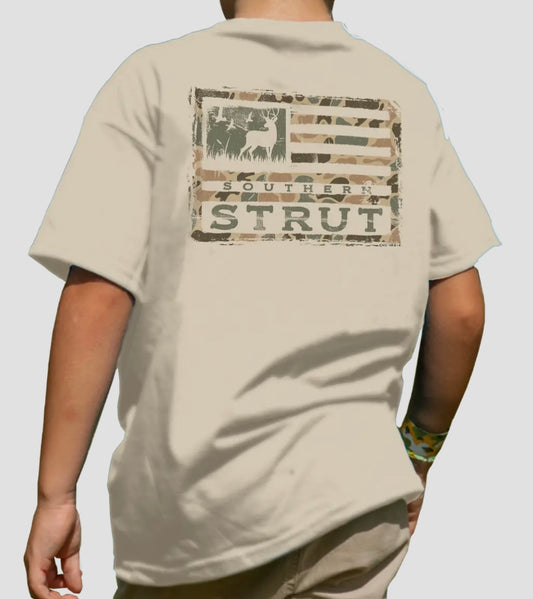 Youth Southern Strut Camo Deer Flag T-Shirt
